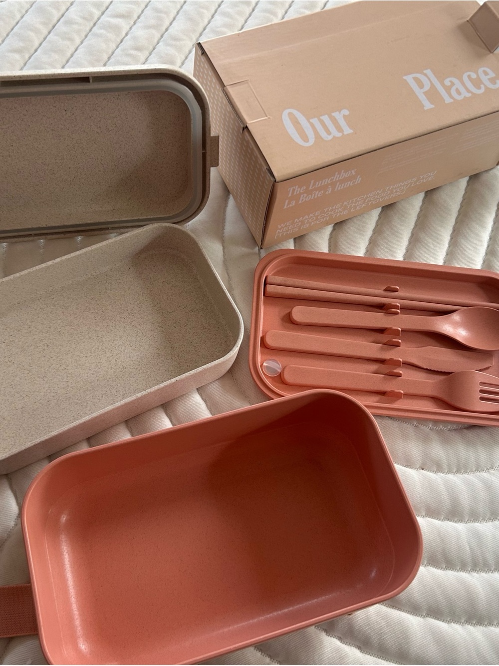 Our Place Beige and Terracotta Two-Tone Lunchbox with Cutlery Set